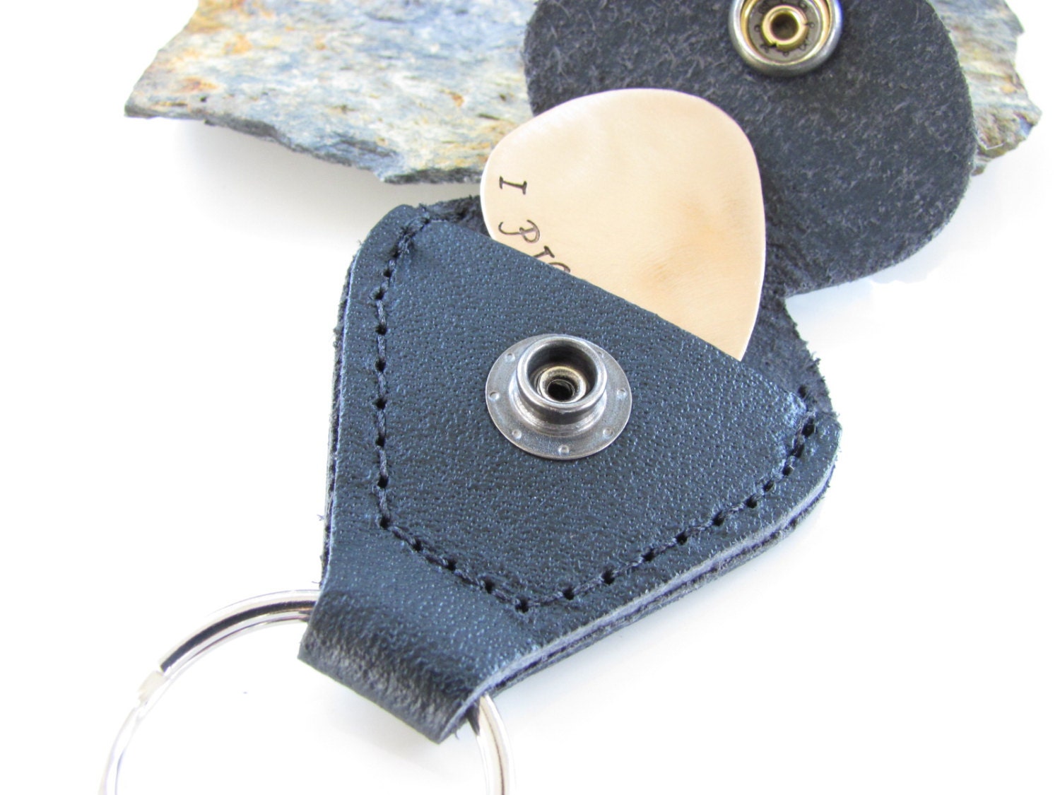 Guitar Pick with Keychain and Leather Case, Customizable, Hand Stamped Bronze - New for 2013