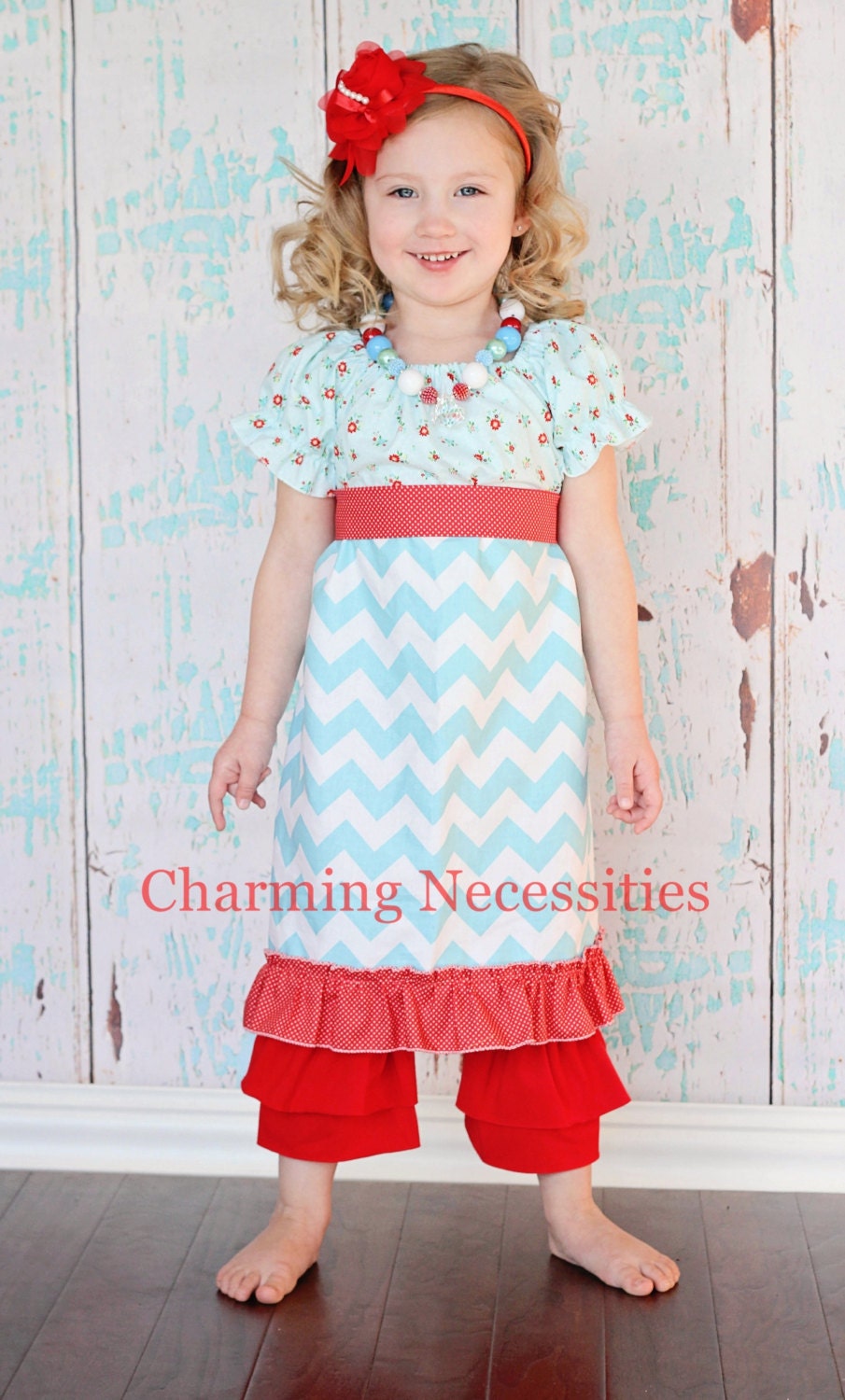 Chevron Girls Peasant Dress with Ruffles in Flourish Aqua and Red Summer