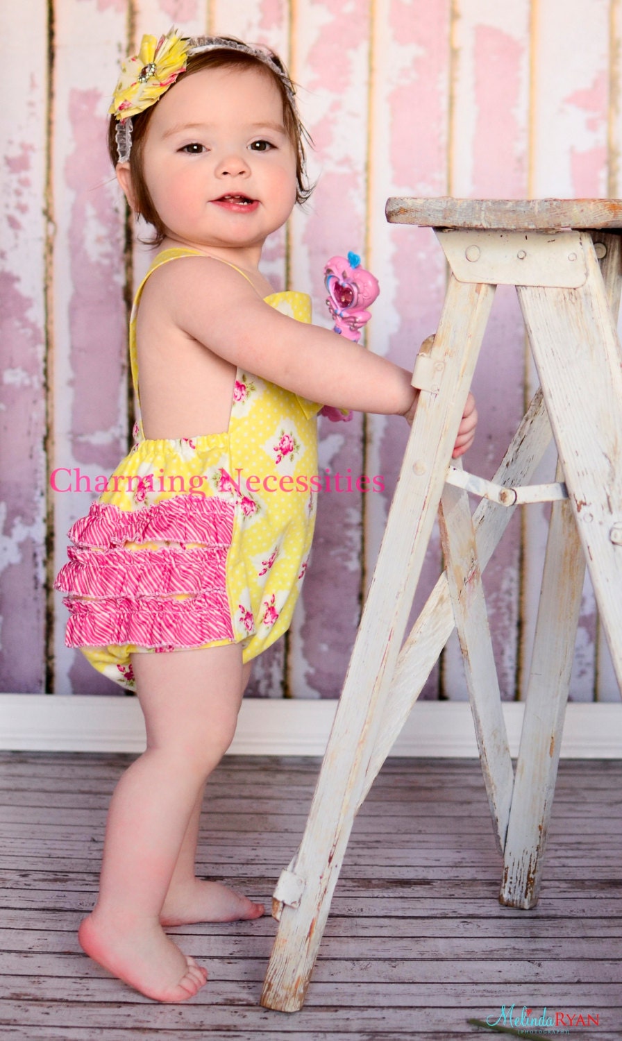 Baby Girl Sunsuit Romper Bubble with Ruffles - Cottage Garden Yellow