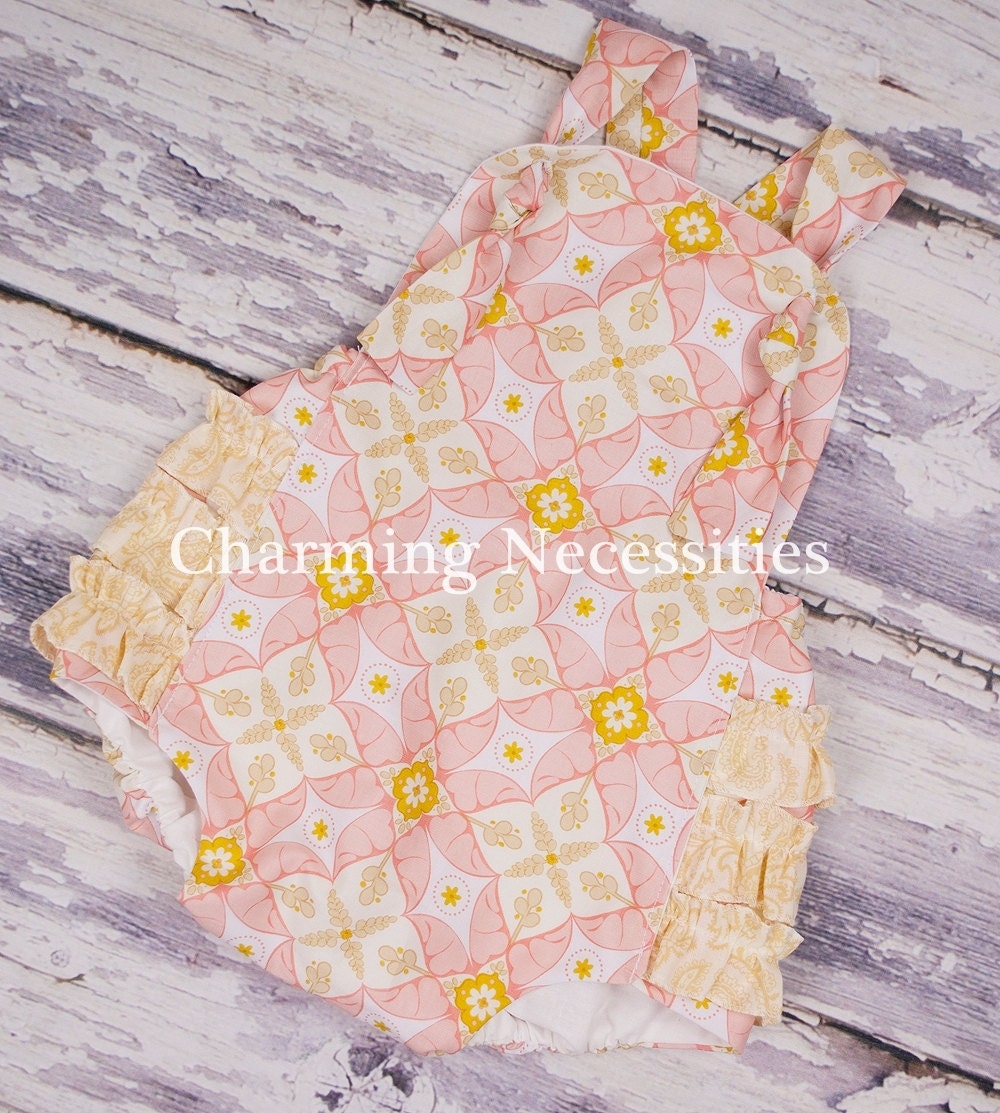 Baby Girl Sunsuit Romper Bubble with Ruffles - Darling Coral Pink Vintage Inspired