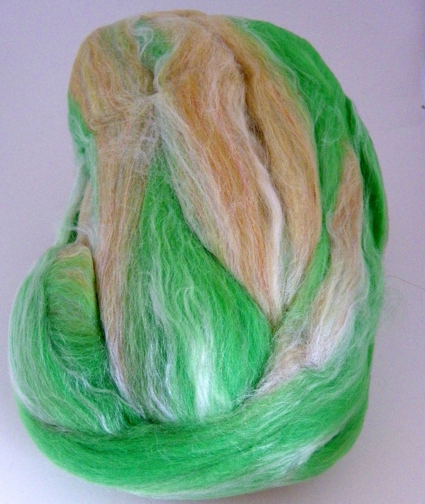 DESTASH SALE - 4.3 oz Bamboo, Merino, Merino-Tussah Blended Roving - Citronella Cooler - Greens/Yellows