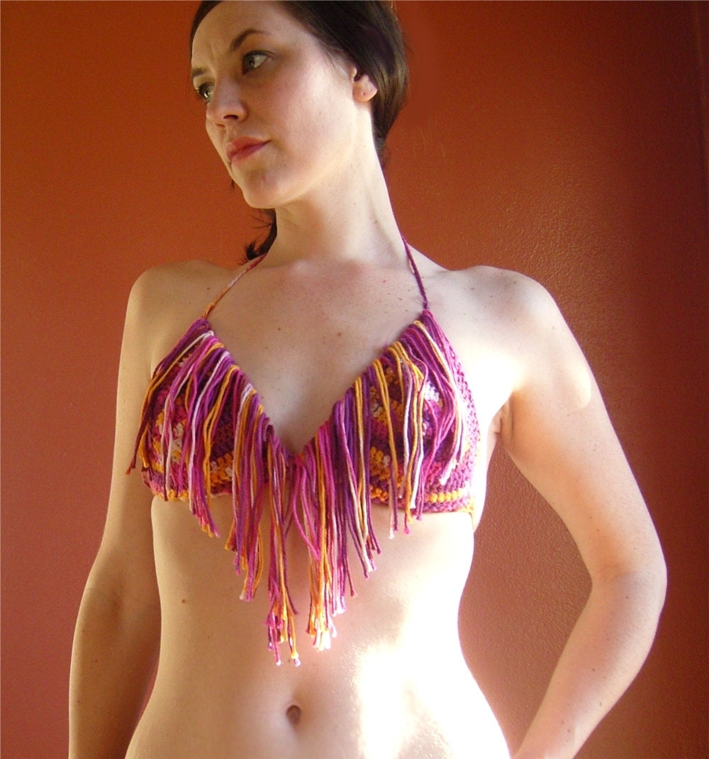 Reversible Festival Fringe Halter Top - boho bohemian hippie cotton blend colorful orange purple pink