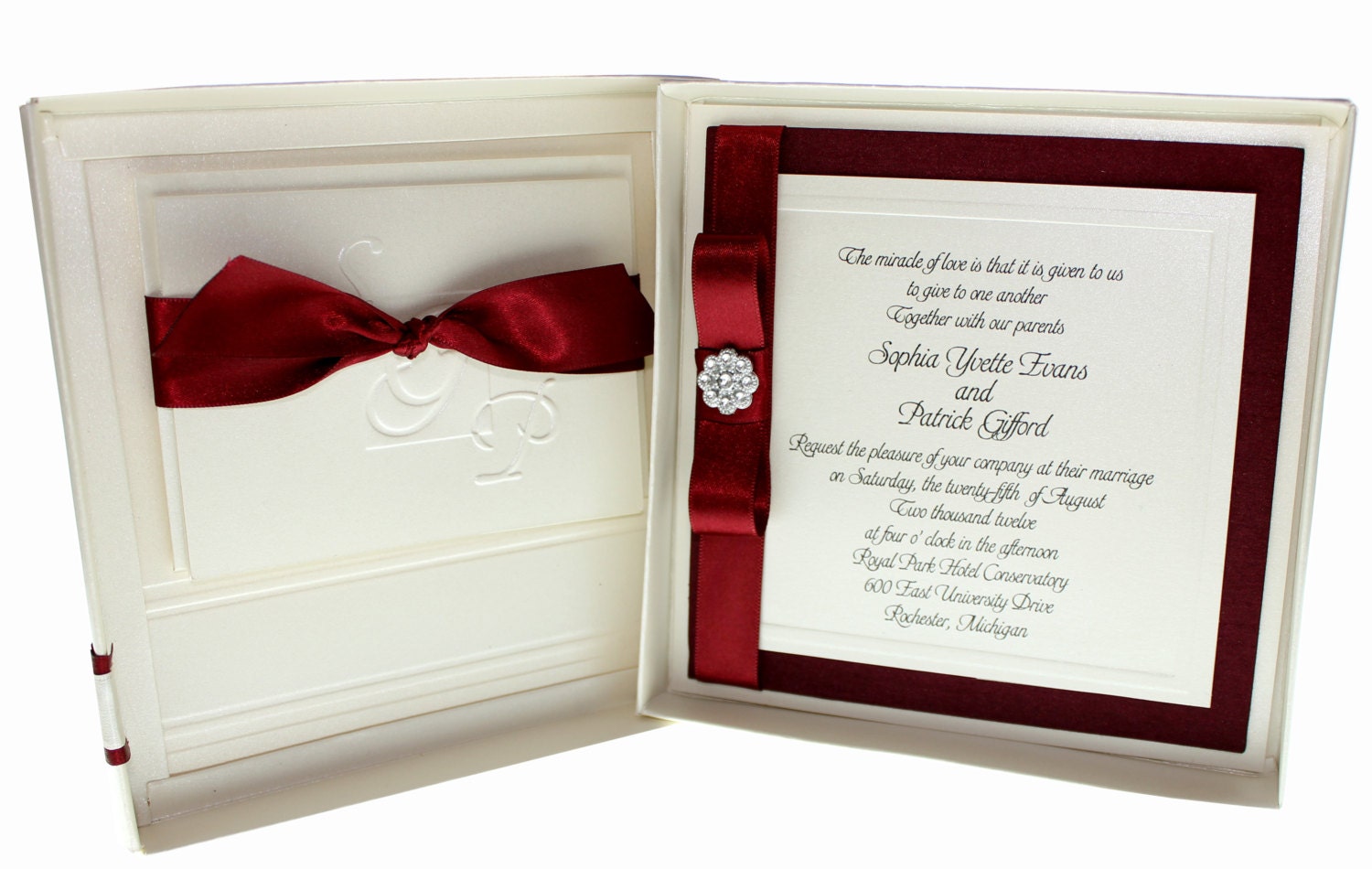Dainty Bow - Wedding Invitations, Bordeaux, Burgundy, Wine, Champagne Ivory  - Modern Glamorous Boxed Invitation  -  Set of 50