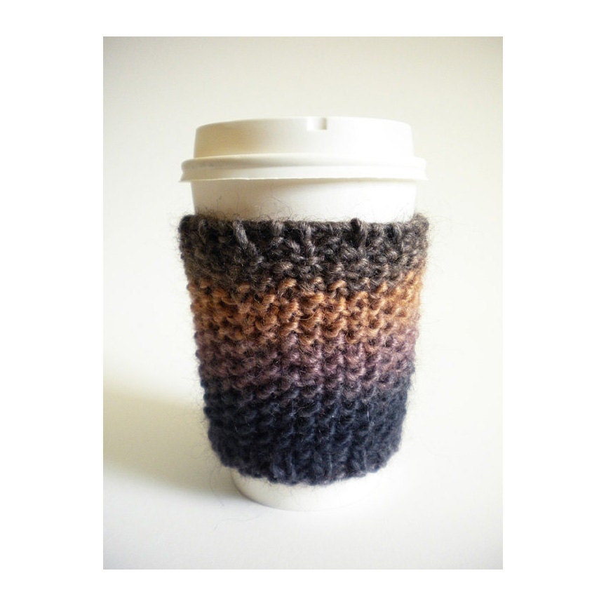 Hand Knit Cup Cozy - Ombre Blue Violet Gold Brown - Wool Knitted To Go Cup Cosy - Java Jacket