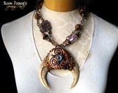 Cave Lion Claws Fossil Talisman Amulet Evil Eye Necklace Amethyst Carnelian Bone Pagan Pendant CAT'S EYE TRISKELION by Spinning Castle
