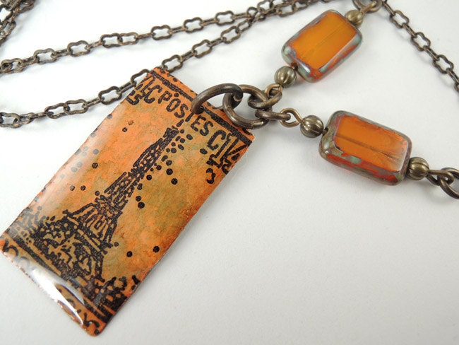 Paris Eiffel Tower hand painted and stamped pendant on brass chain necklace