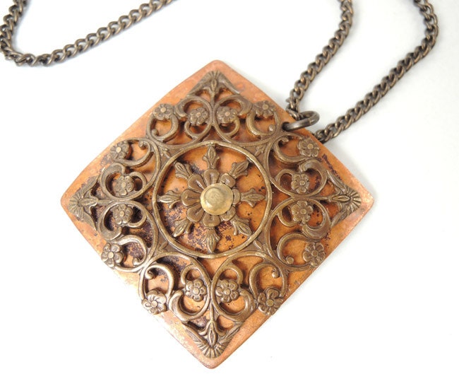 Square Medallion Necklace, Copper and Brass Filigree Pendant, Brass Chain Necklace