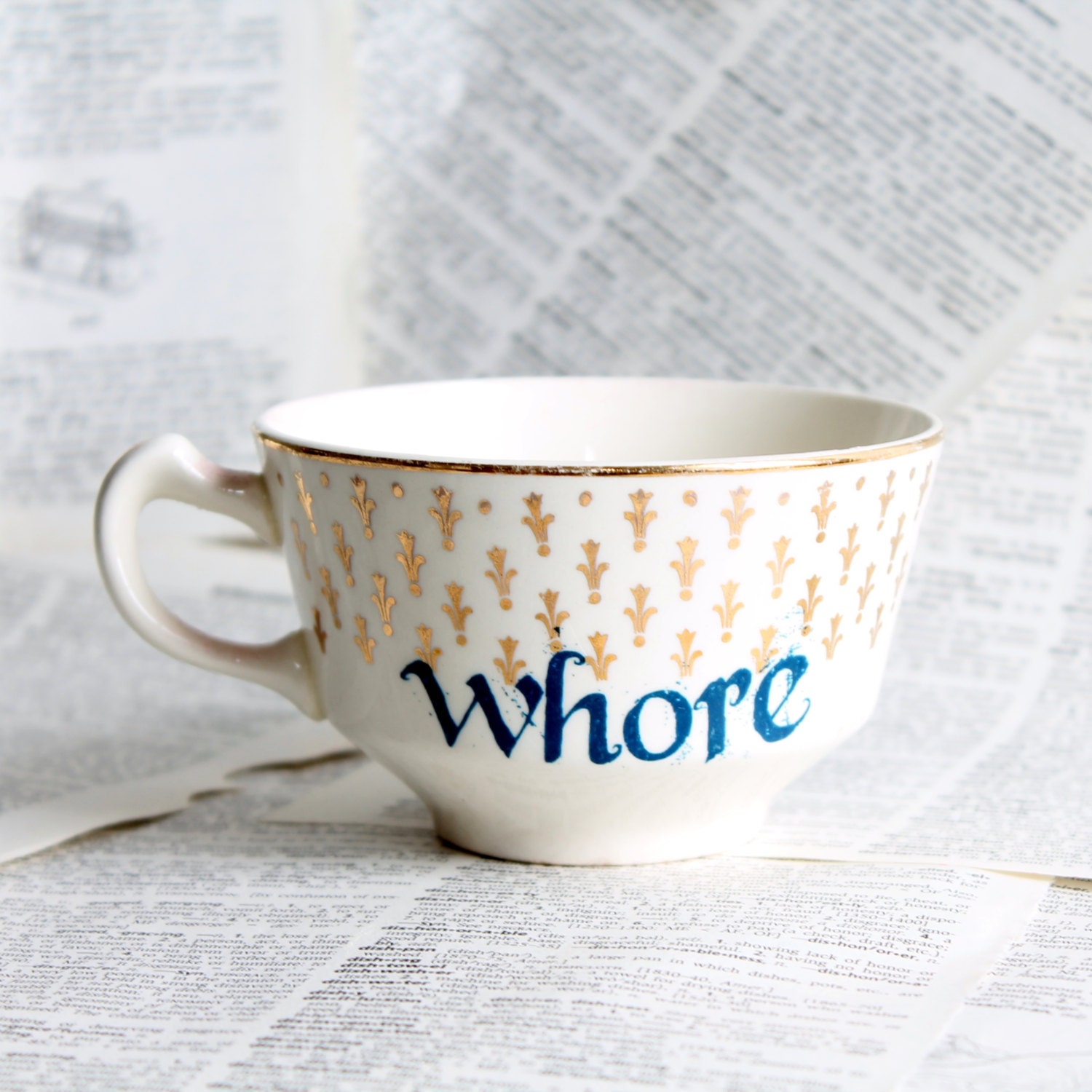Fleur De Lis Whore Altered Vintage Teacup