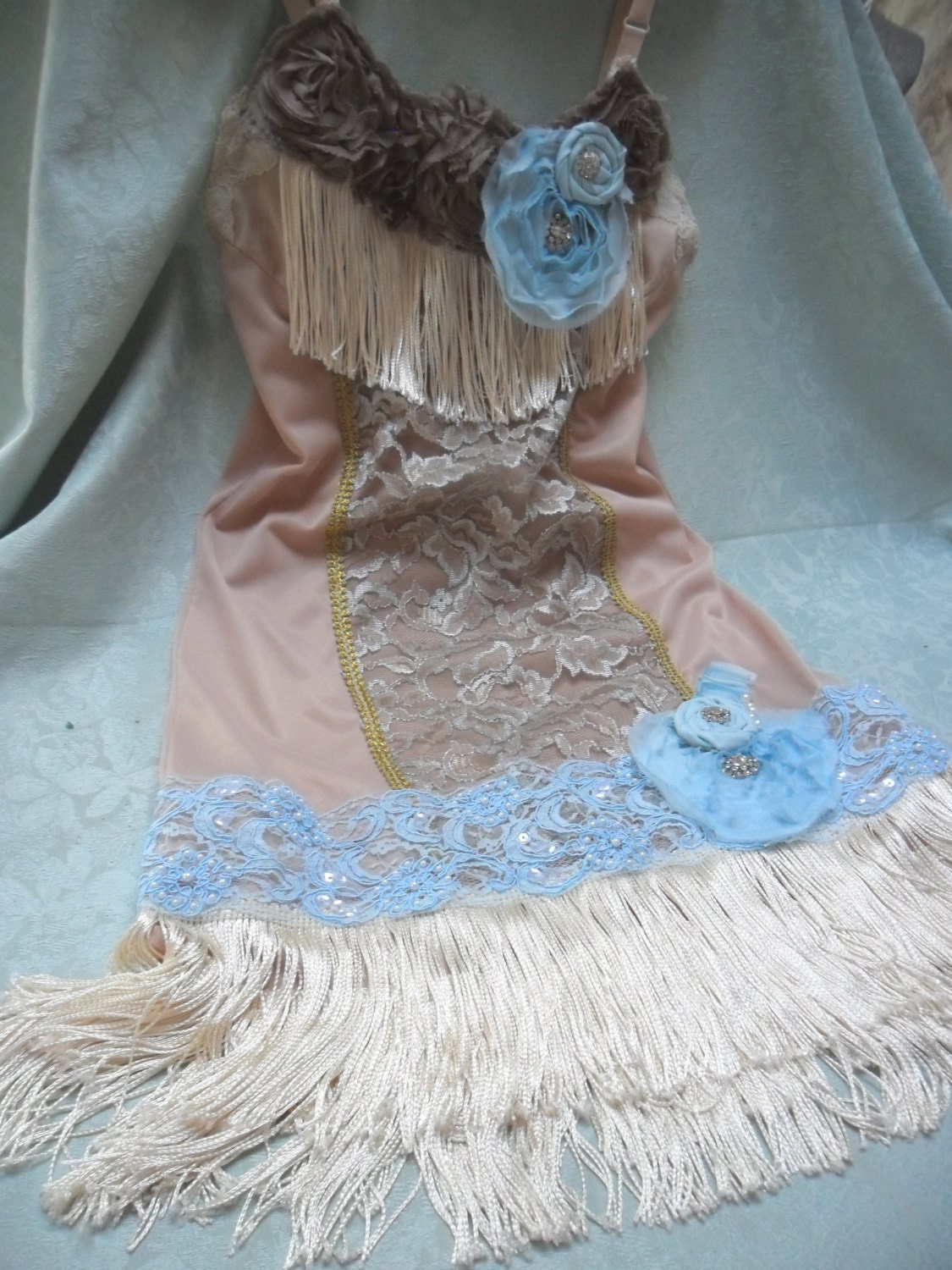 FLAPPER Great Gatsby 1920s Jazz Age Roaring 20s Speakeasy  - Vintage Slip Make Over - Taupe and Blue Ice