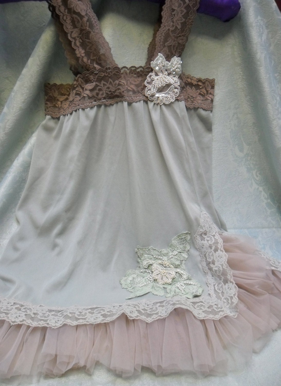 TUNIC Top Camisole Romantic Fairy-like Flowing Flirty Flowing - Vintage Lingerie Make Over - Celery and Taupe