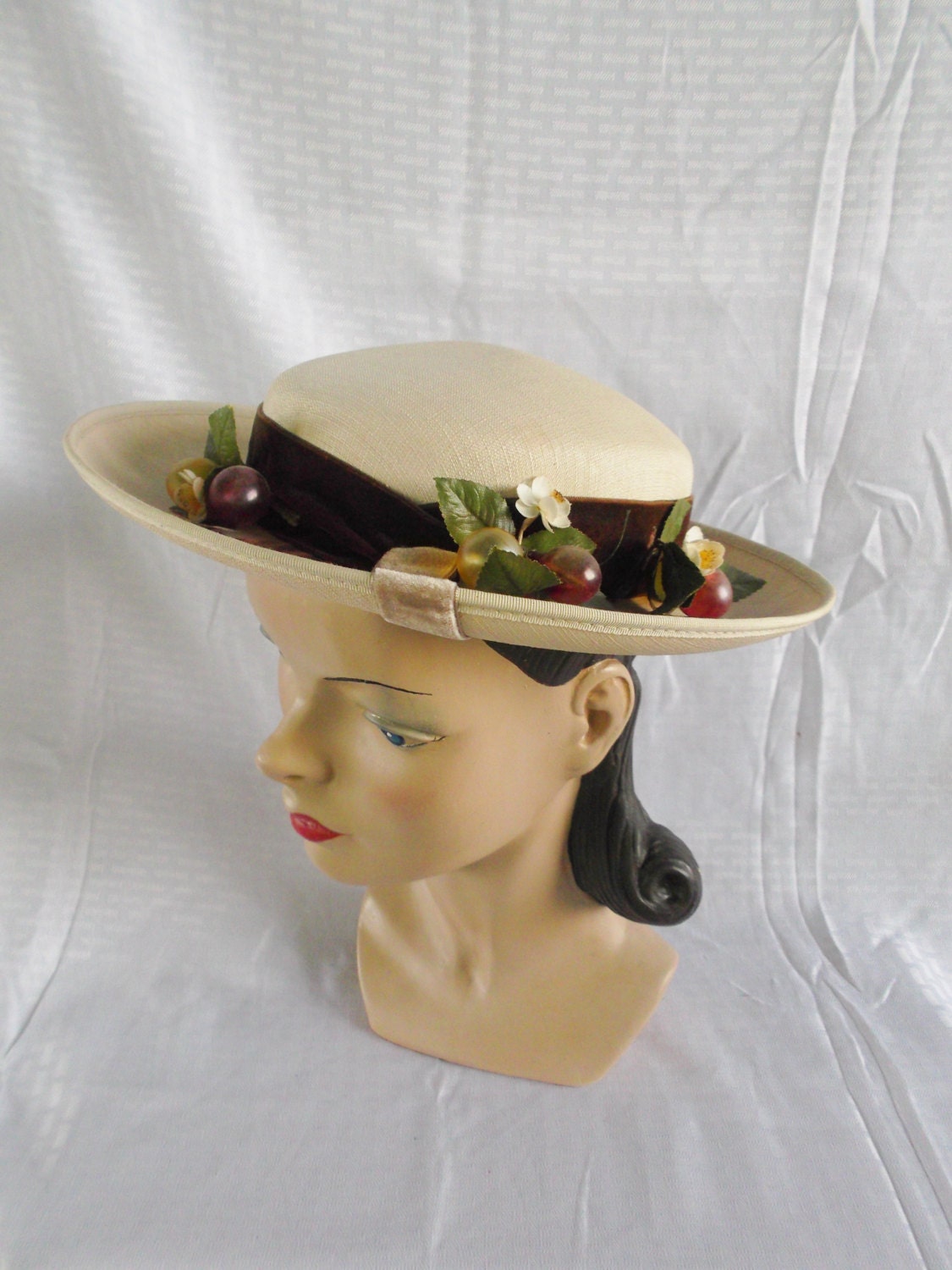 1950's Vintage Beige Breton Hat with Clear Plastic Grapes