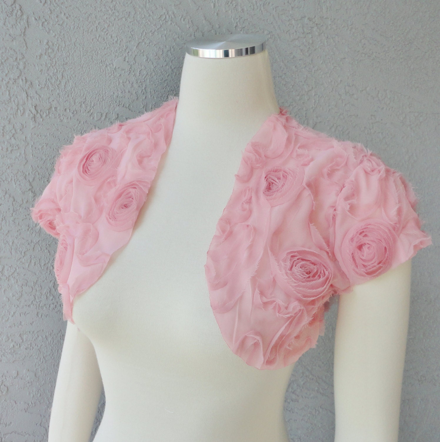 Bridal Wedding Bolero Shrug David Tutera Chiffon Fabric Ribbon Rose in Blush Color
