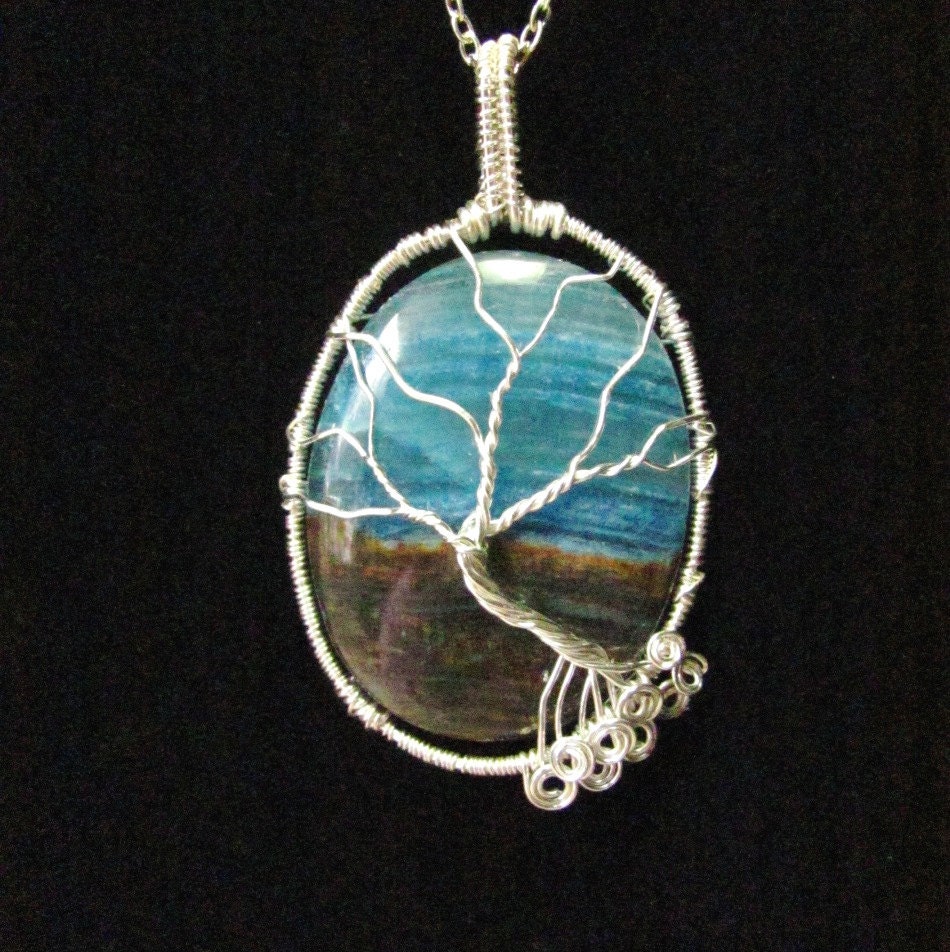 Earth and Sky Tree of Life Pendant, Blue Sky Tree Necklace, Blue and Silver Wirework Jewelry