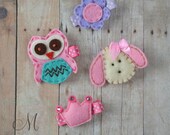 Felt Owl, Puppy, Princess Crown, Flower Hair Clip Sampler - Pink, Turquoise and Purple - Birthday present - baby shower gift - SPECIAL Price