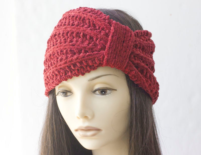 Chenille Flapper Headband,  1920s Style Head Wrap, Red,  Gatsby Hat, Hand Knit  Ear Warmers,