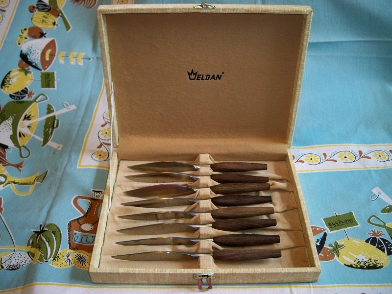 Vintage Mid Century Modern Steak Knife Set In Case Mint