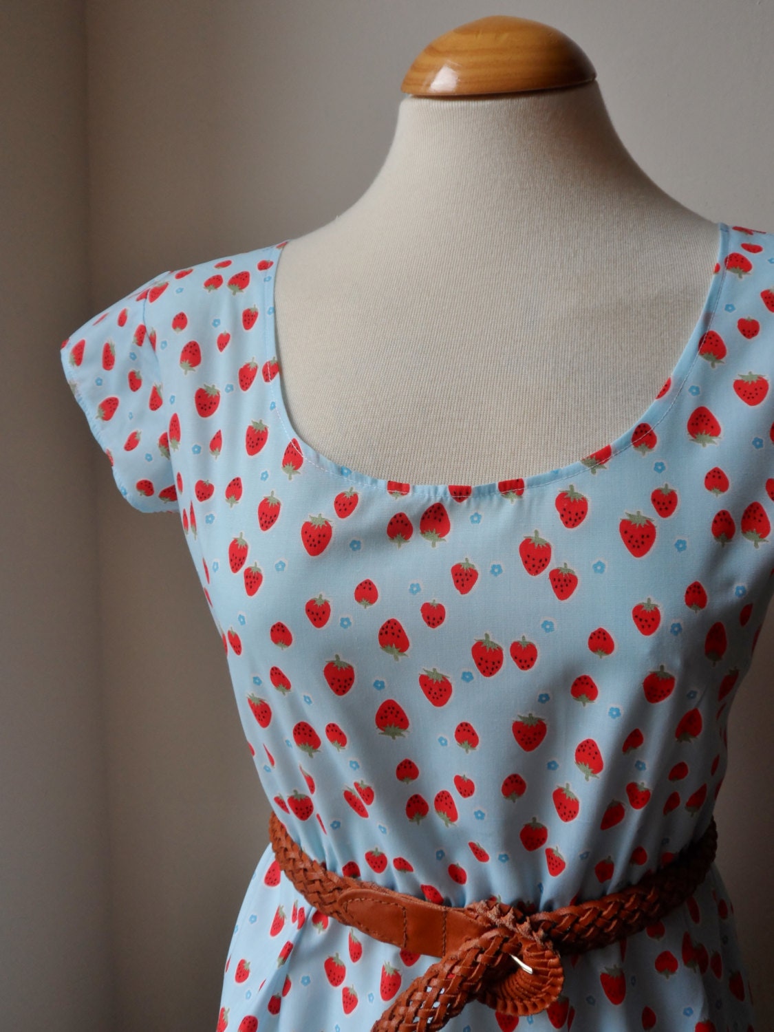 Dress in Pale Blue with Kitsch Strawberries / Handmade/ Choose Your Size