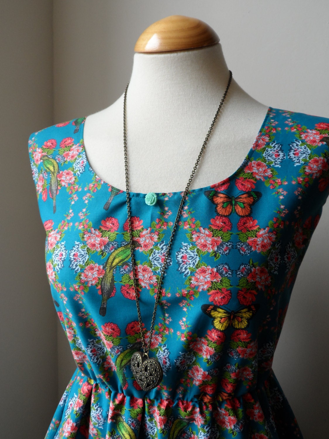 Floral Rose Dress / Bohemian in Teal, Birds, Butterflies and Flowers / Handmade / Choose Your Size