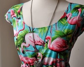 Dress With Tropical Flamingos in Turquoise and Pink / Handmade / Choose Your Size