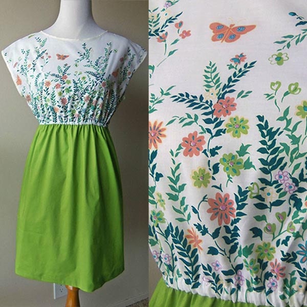 retro inspired green floral cotton pullover babydoll spring summer sun dress empire elastic waist M medium 8 10 butterfly branches handmade