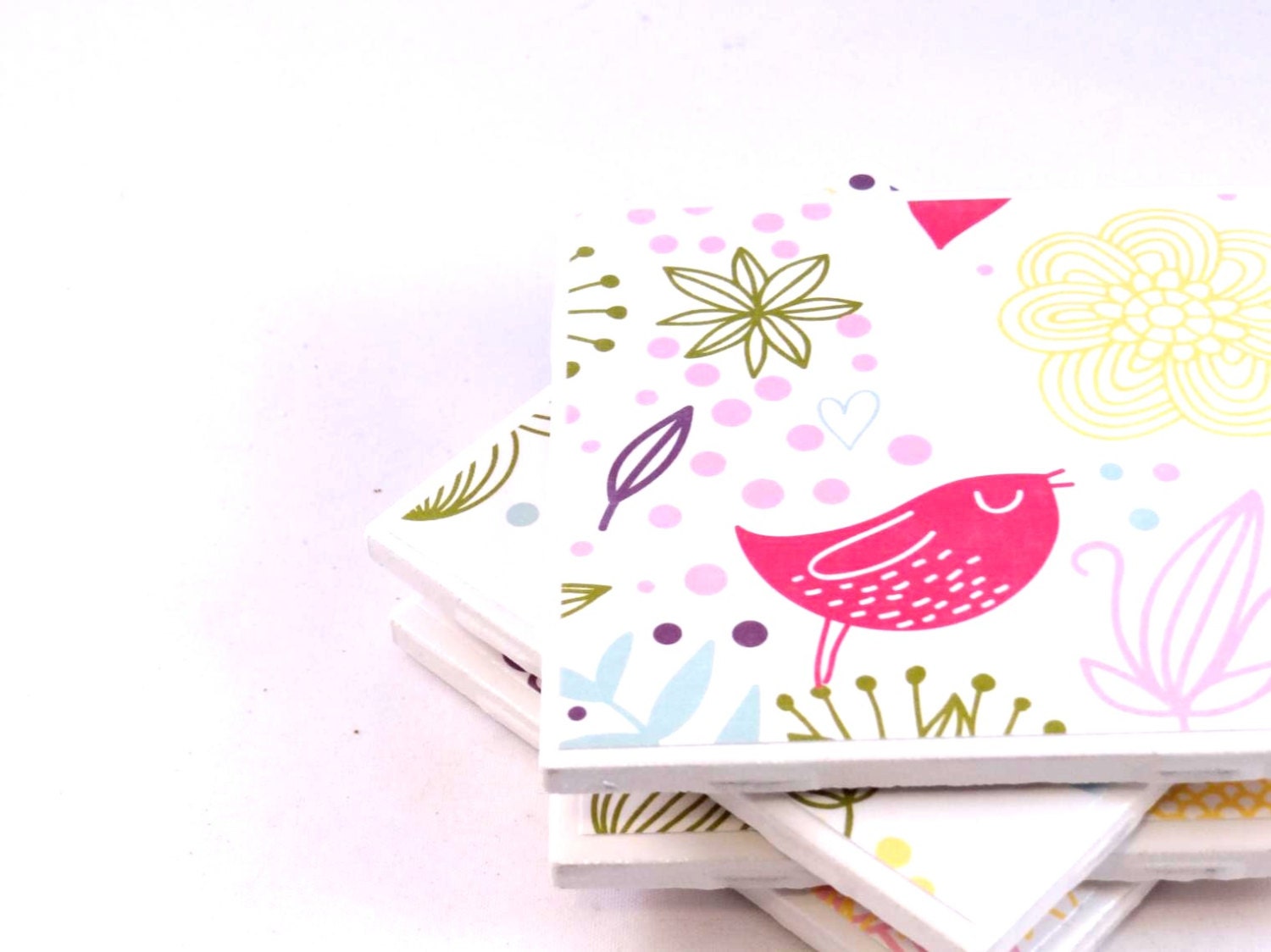 Ceramic Bird Coasters - Birds and Flowers (Set of 4 Tile Coasters)