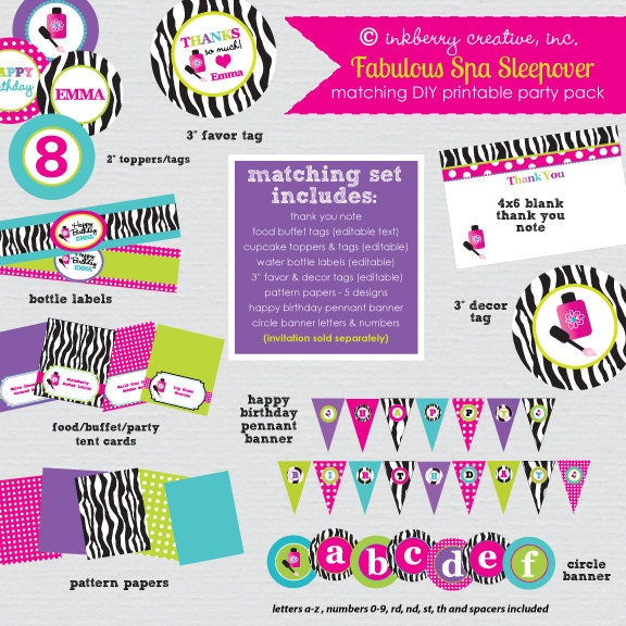 Fabulous Spa Sleepover - Hot Pink, Aqua & Zebra Birthday Party - DIY/Printable Complete Party Pack Il_570xn