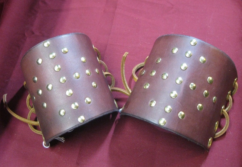 Pair Steampunk Leather Bracers with brass Rivets / studs