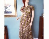 60s batik style dress in green cream and burgundy sm-med