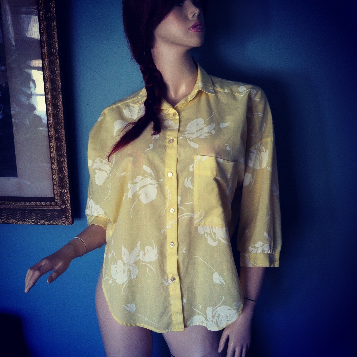 Cute 80s blouse oversized medium large butter yellow with flowers