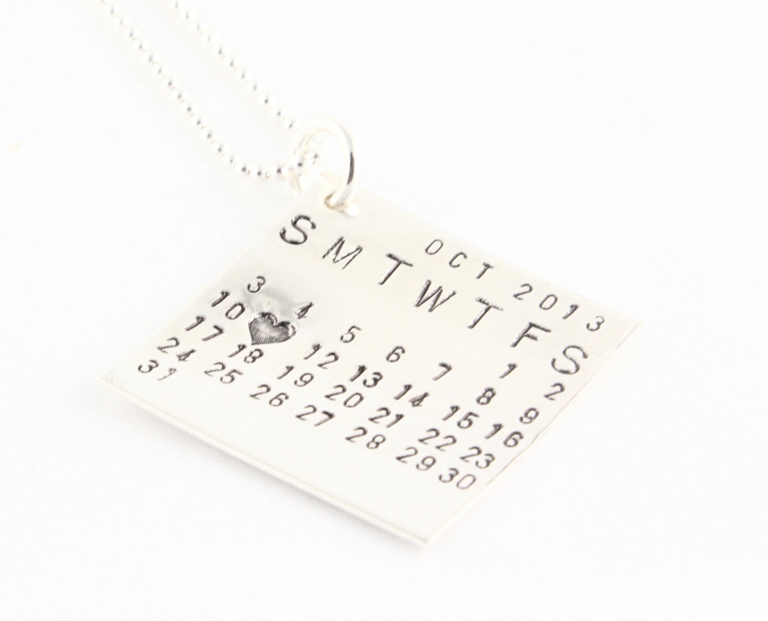Save The Date Sterling Silver Calendar Necklace With Heart - Wedding Date - Personalized Hand Stamped Custom Necklace
