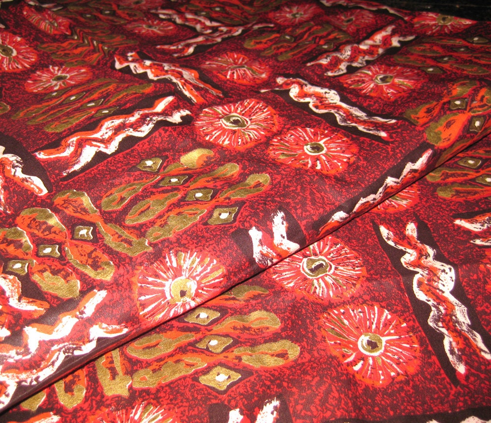 Vintage TIKI FABRIC - Screen Printed - Red Tribal Print with Metallic Gold- Crisp COTTON / 1.5 Yards