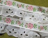 Embroidered Floral and Eyelet Lace Trim - Pink and Green Flowers White Eyelet Lace - Dolls Clothes