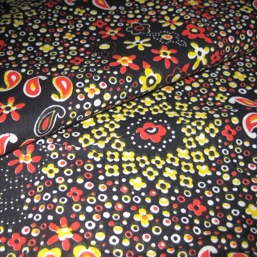 1960/1970s Vintage Floral and Paisley COTTON Fabric - Red and Yellow on Black - Yardage