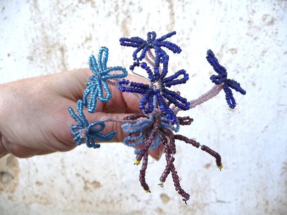 Vintage 1900 French beadwork flower bouquet / blue combination /beadwork