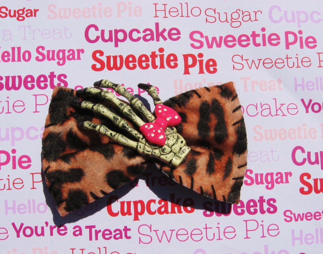 Leopard Girly Zombie Skeleton Hand Hair Bow Clip