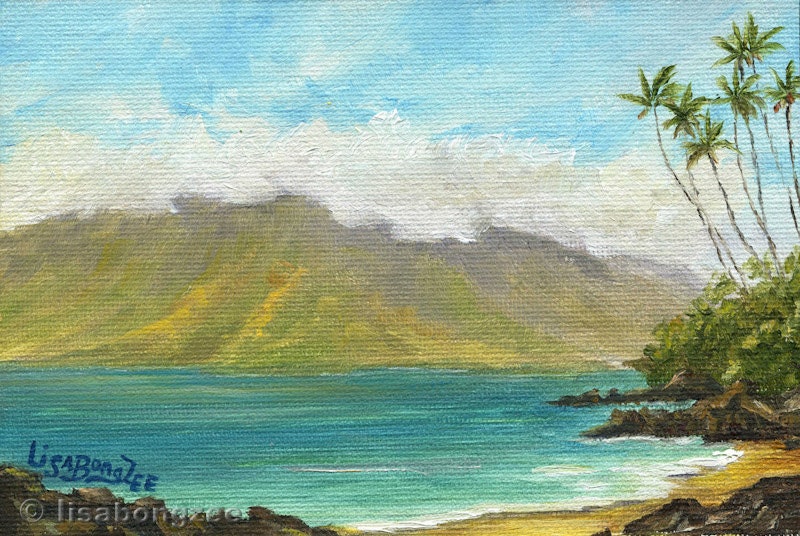 MAUI BEACH Framed Original Oil Painting Art Artwork South Kihei Kamaole Palm Tree Paradise Hawaii Hawaiian Lisabongzee