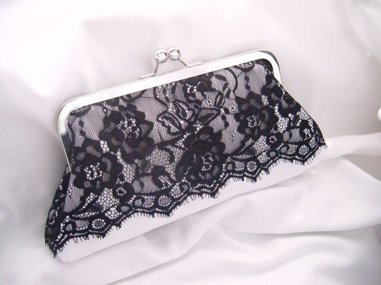 Elegant Camden Clutch in Black Lace on White Satin - silver kiss lock - black and white wedding - bride clutch - Ready To Ship