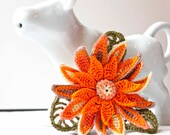 Crochet Brooch Fiber Brooch Irish Crochet Pin Daisy Sunny Orange Brown Green