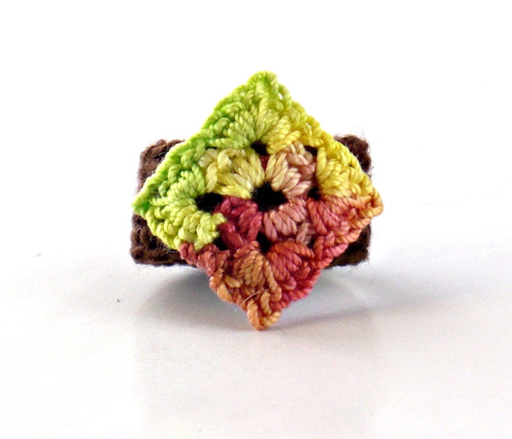 Crochet Ring Fiber Ring  Diamond Shape Applique Yellow, Lime Green, Rust, Rose On Brown Band