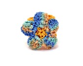 Crochet Ring Fiber Ring  Flower Applique Yellow Green Blue on Yellow Band