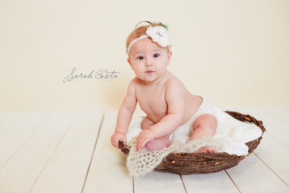 Sale Newborn Girl Headband, Feathered Ivory Flower Head piece, Photography Prop