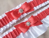White Coral Garter Set Rhinestone Accent Guava Bridal Garter Set Coral Wedding