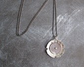 PENDANT sterling silver hammered floret with vintage shell button