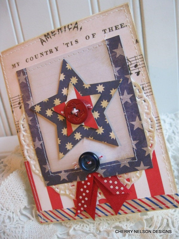 Memorial day card- patriotic  AMERICA MY COUNTRY tis of thee-handmade stitched card