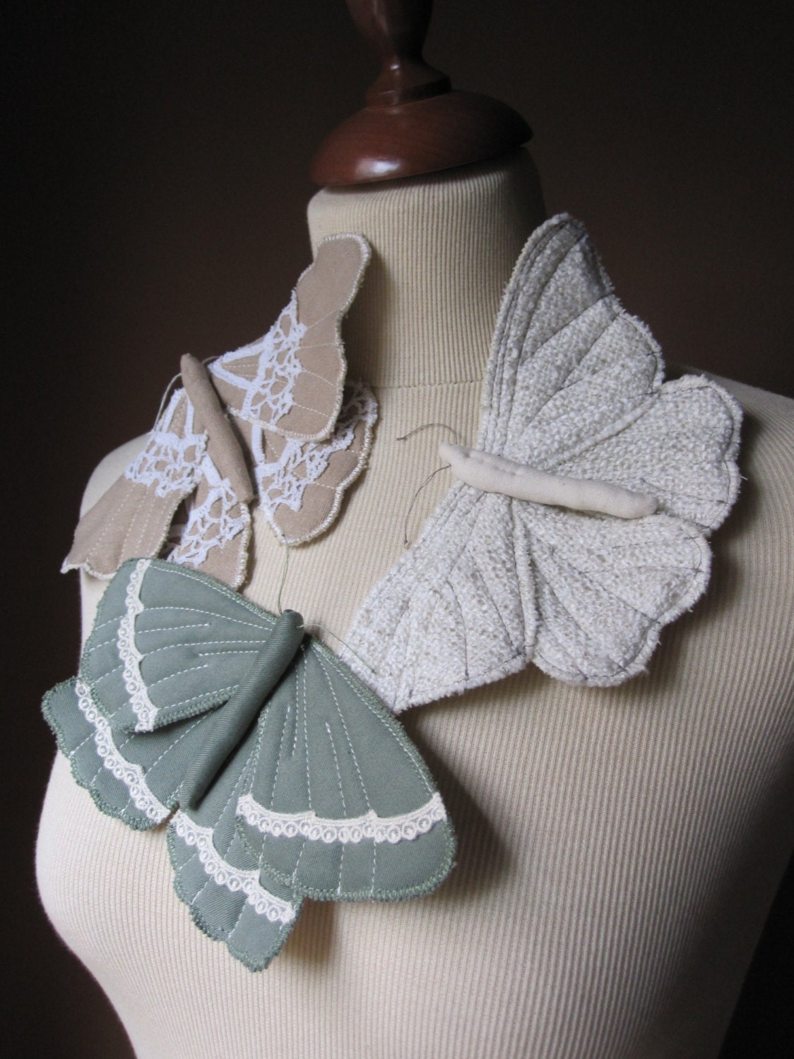 My Love - Butterfly Moth Brooch in Fabric and Vintage Lace