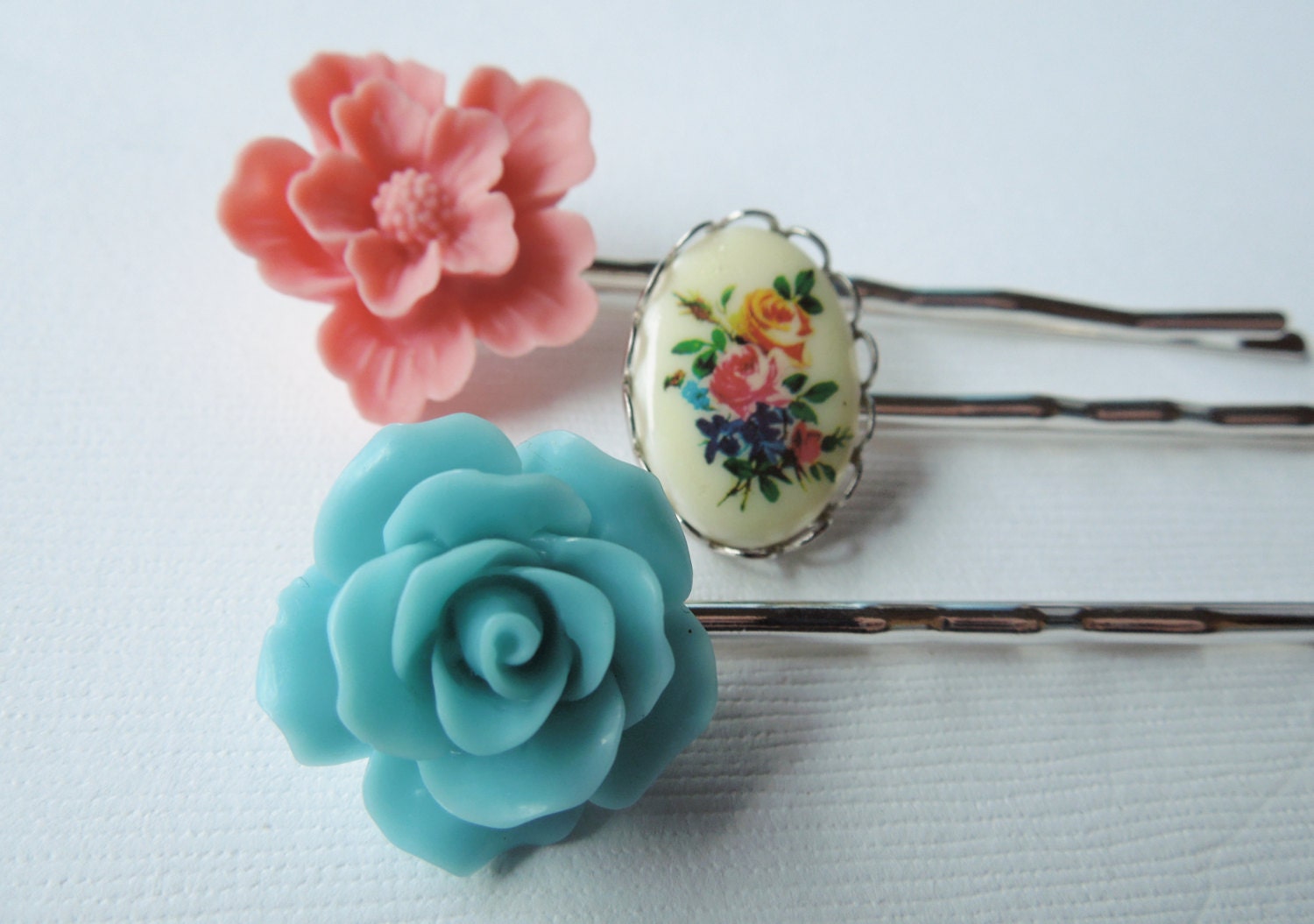 Contemporary and Vintage Hair Pin Pack Blue Rose, Pink Cherry Blossom and Floral Cameo