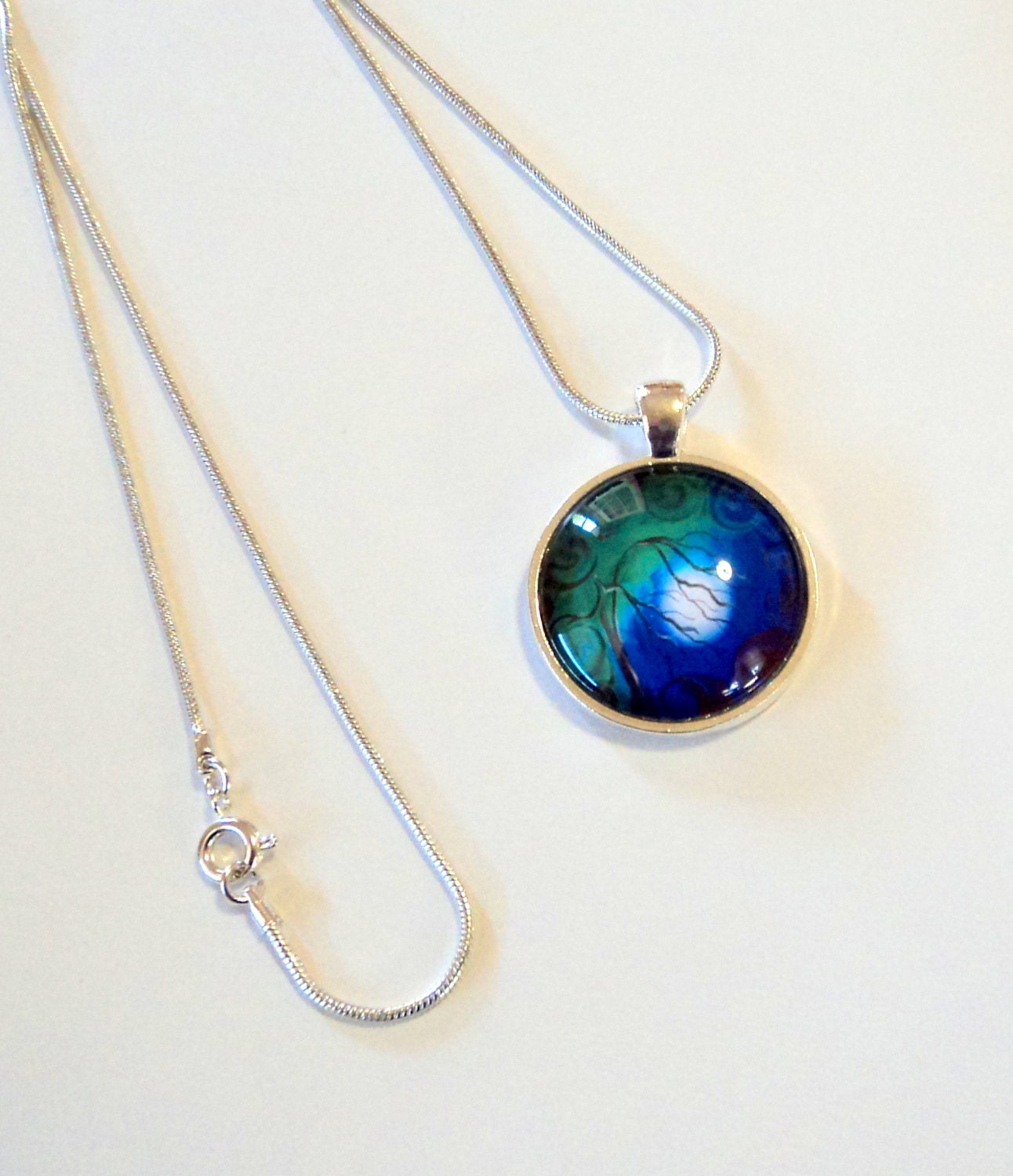 Necklace Pendant Silver Round Glass Domed Cab Tree Night Sky Moon
