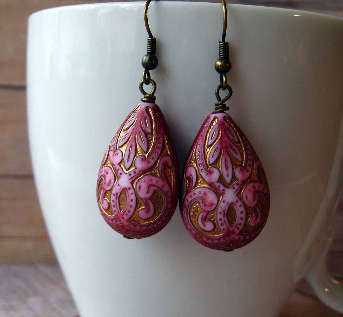 Raspberry Pink Earrings with Metallic Gold - Ornate Teardrop Etched Dangles Wedding Gift Box - Under 25