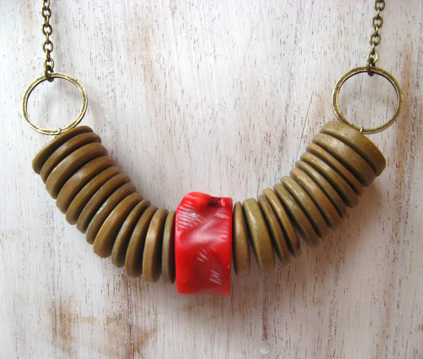 Tribal Wood and Coral Necklace - Boho, Rustic Wooden Discs with Red Coral Rondelle - Geometric Statement Piece - Gift Box
