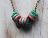 Geometric Ceramic Necklace in English Garden - Verdigris Green, Emerald Green, Metallic Mint and Coral Pink - Gift Box